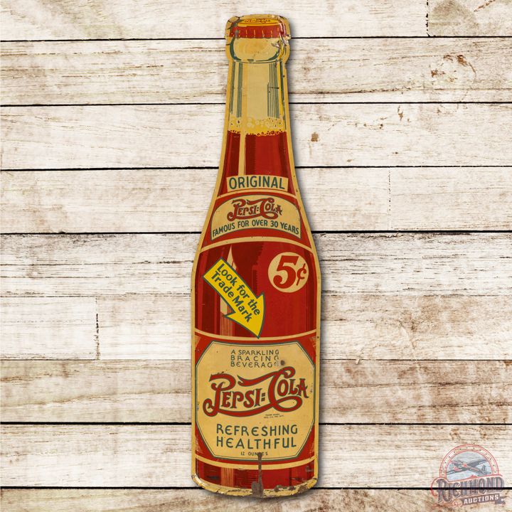 Original Pepsi Cola Double Dot 5c Die Cut Bottle Tin Sign