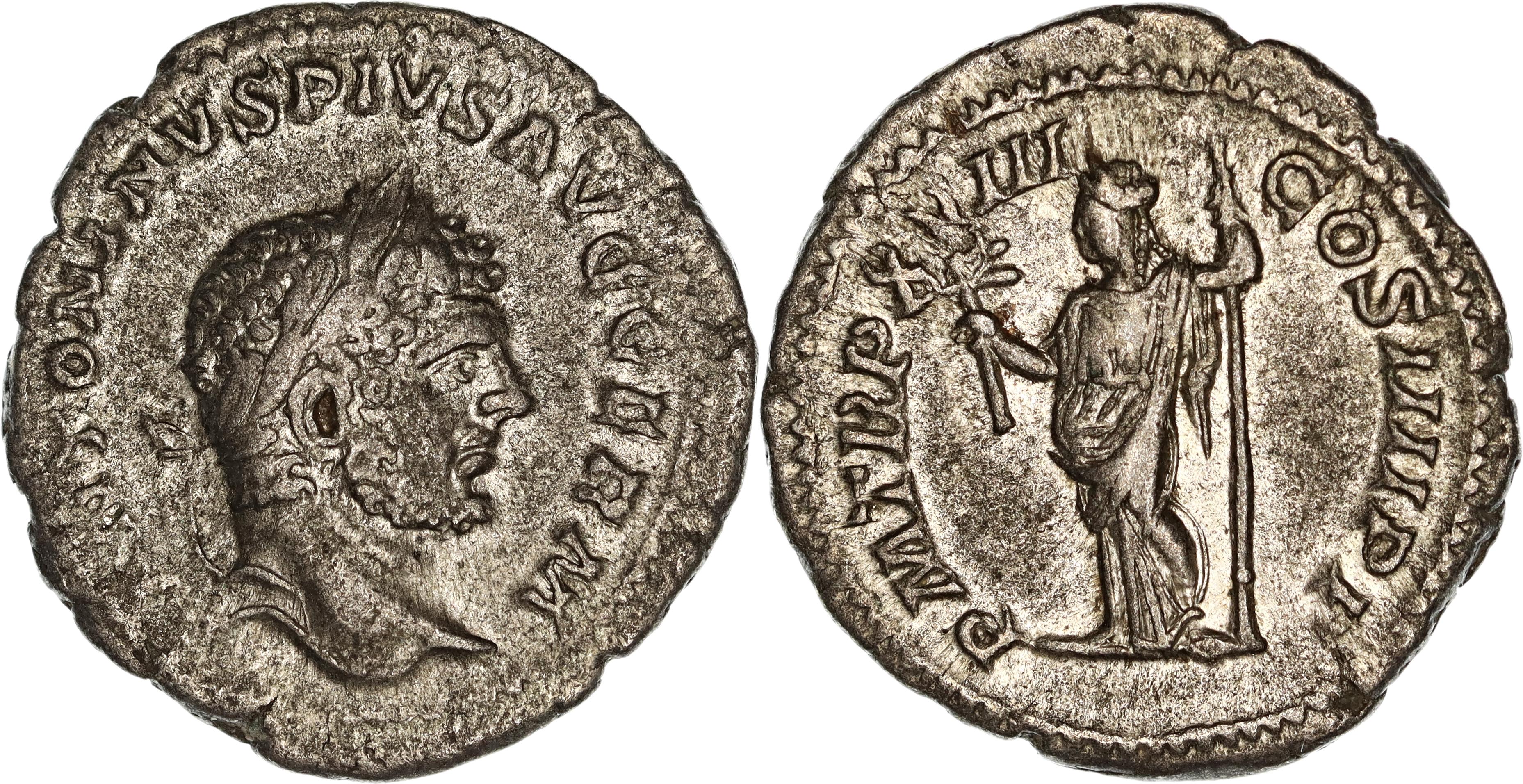 Roman Empire, Caracalla, Silver Denarius, 215 AD, nVF