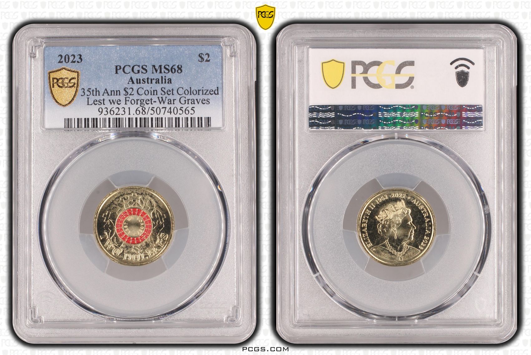 35th Ann $2 Coin Set Colorized Lest we Forget-War Graves, POP 5/0, Two Dollar, 2023, PCGS MS68