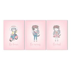 Canvas Nursery Wall Art: Cute Girl Wall Art (2) Set of 3 x A3 size prints on Ready-To-Hang frame|