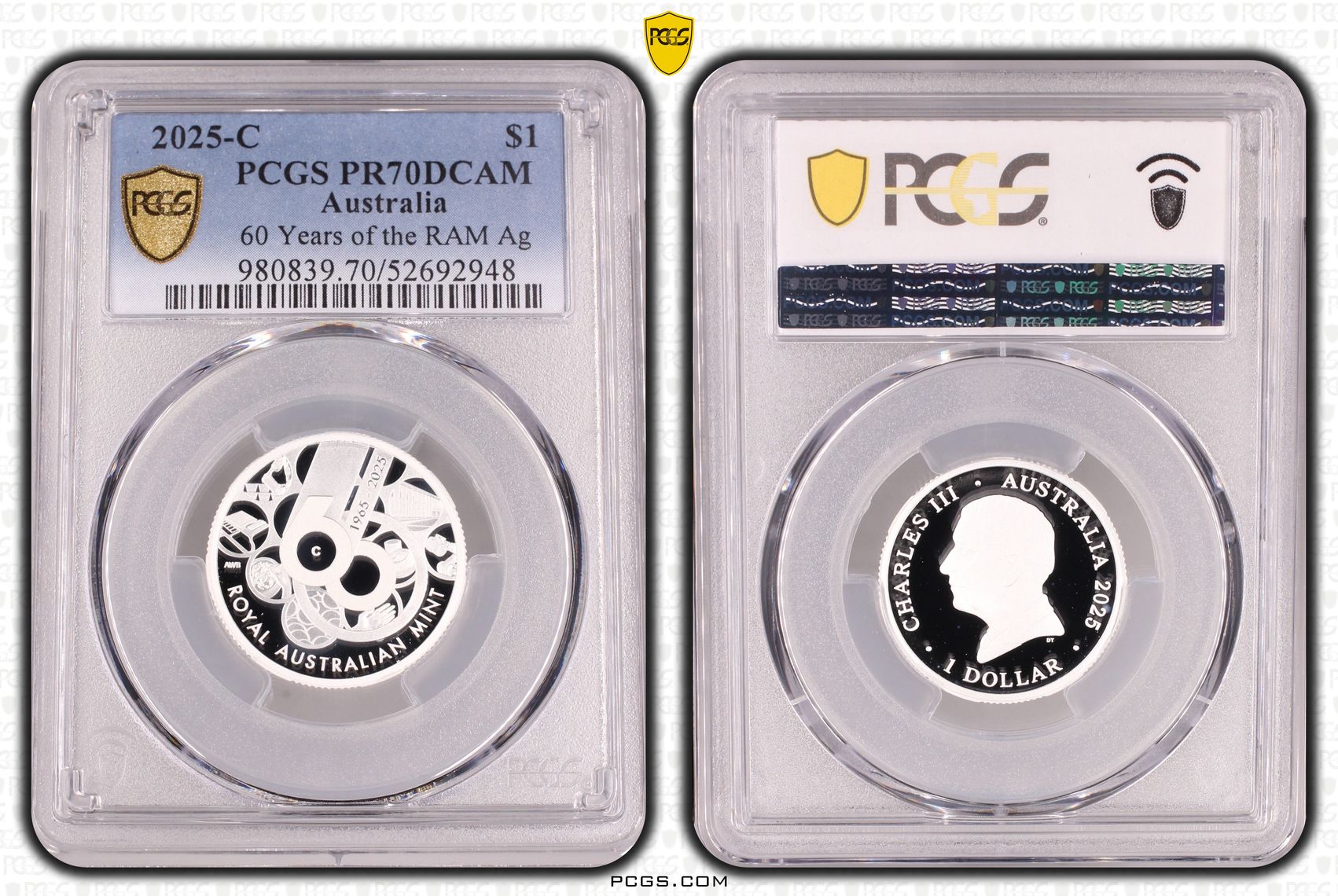 60 Years of the RAM Silver, POP 15/0, One Dollar, 2025-C, PCGS PR70DCAM
