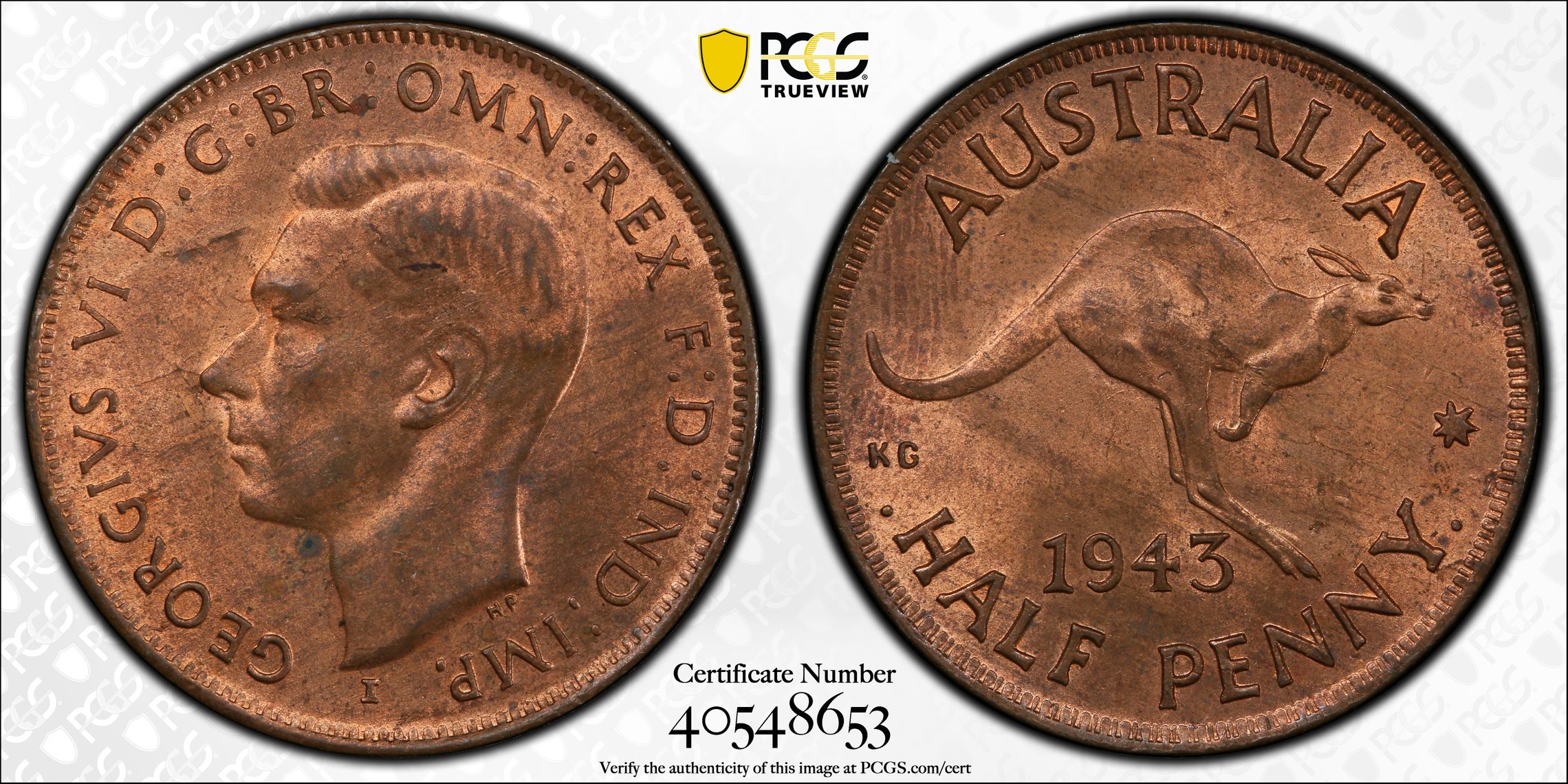 Halfpenny, 1943-I, PCGS MS 64RB