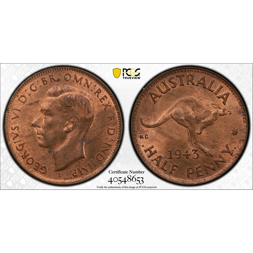 Halfpenny, 1943-I, PCGS MS 64RB