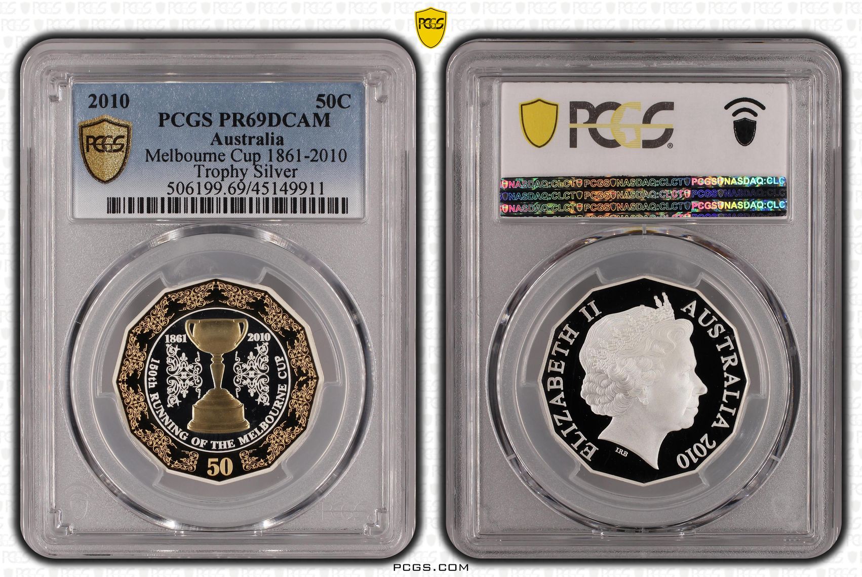 2010 Australia Fifty Cent, 50c Silver Proof Melbourne Cup 1861-2010 Trophy Silver PCGS - PR69DCAM -911
