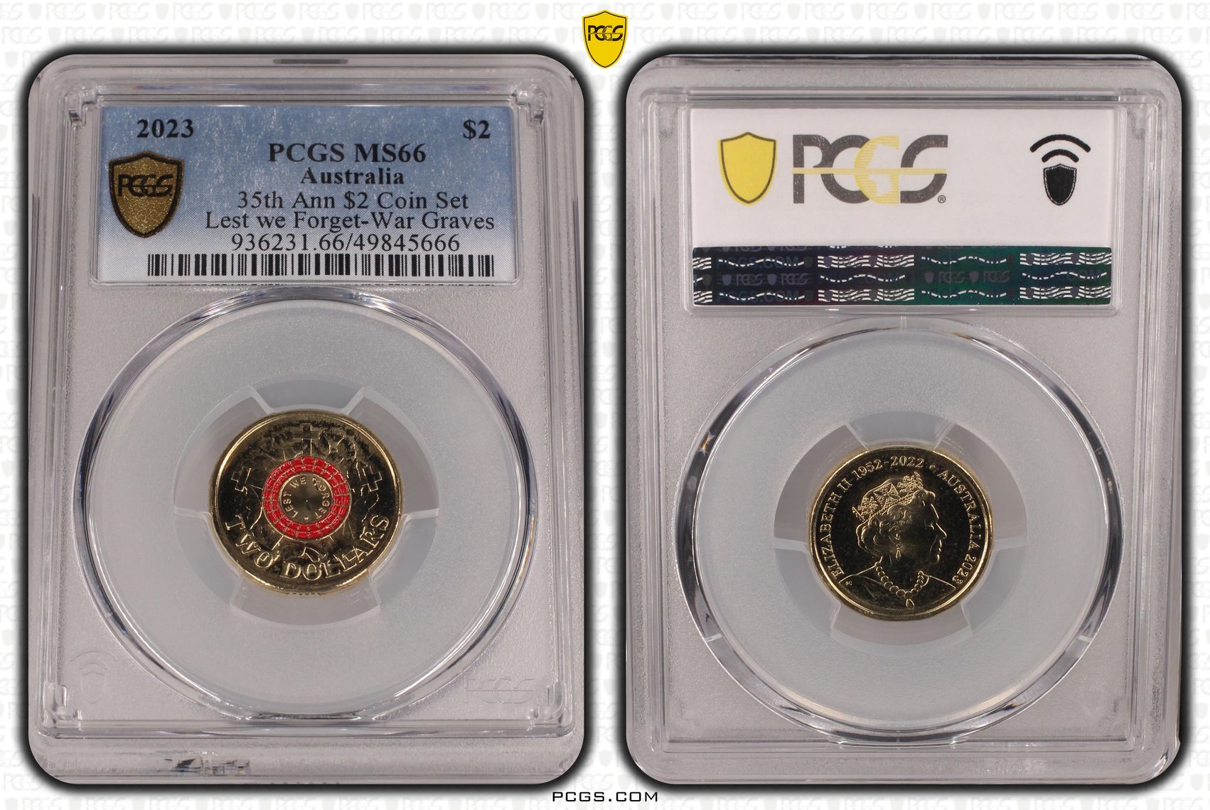 Elizabeth II, 35th Ann $2 Coin Set Colorized Lest we Forget-War Graves , Two Dollar, 2023, PCGS MS66