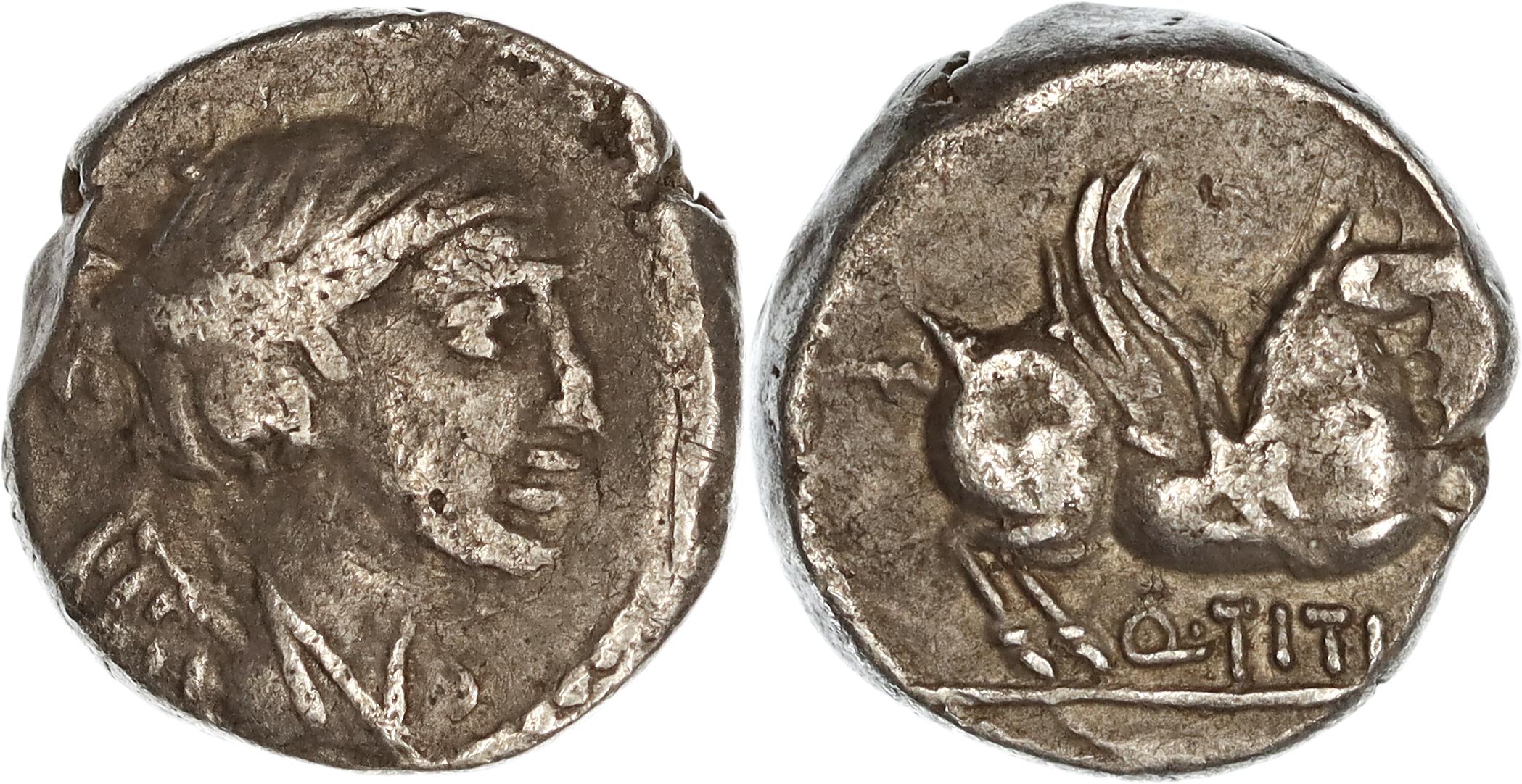 Roman Republic, Q. Titius Mutto, Silver Quinarius, 90 BC, nVF