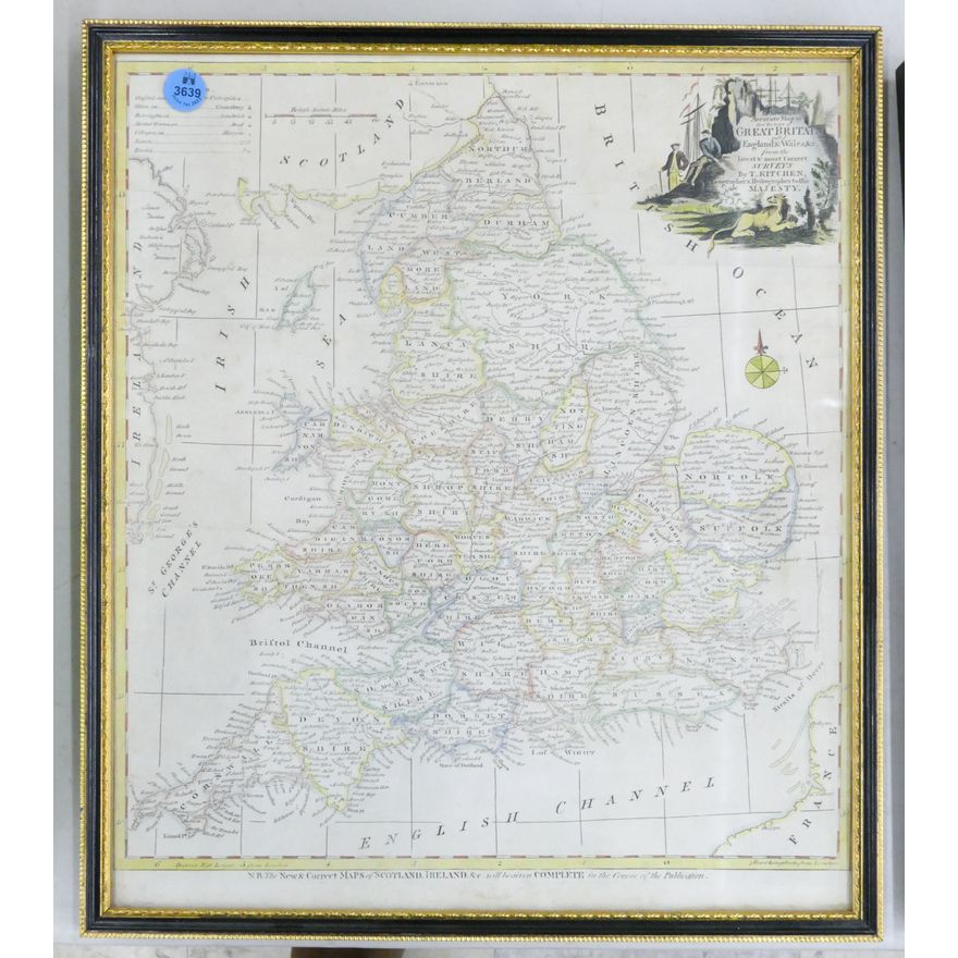Antique Great Britian Tinted Map Engraving Framed 16''x14''