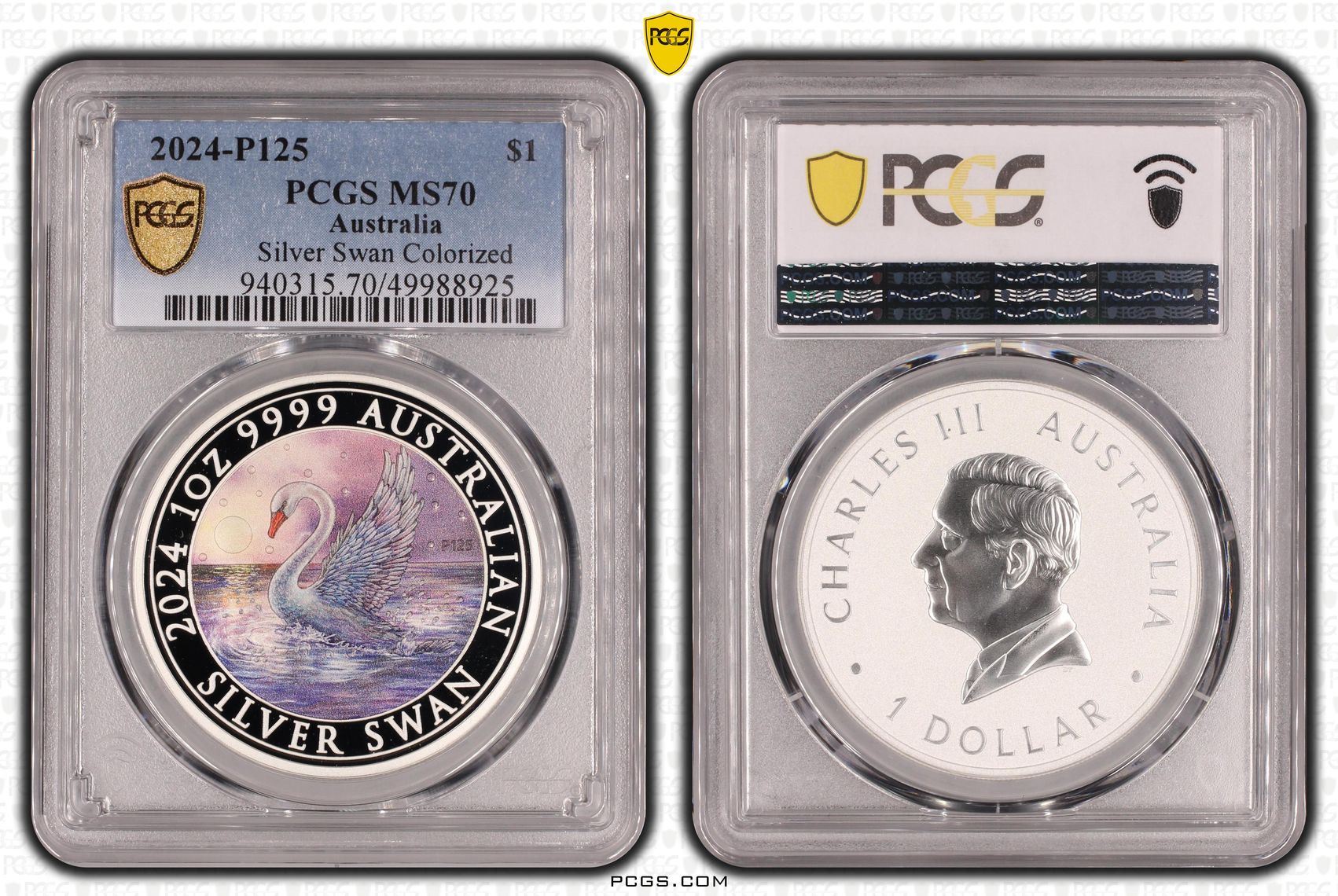 Silver Swan Colorized, One Dollar, 2024-P125, PCGS MS70