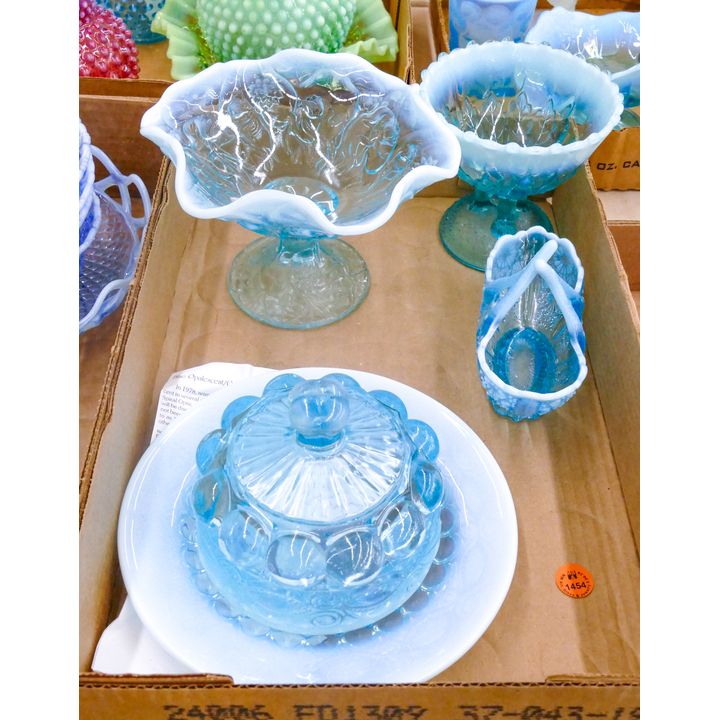 Box 4pc Blue Opalescent Glass Cheese Dish etc.
