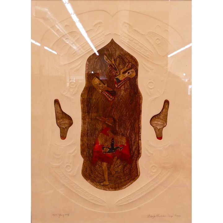 Arlene Mickelson 'Young Wolf' S/N Embossed Etching Framed- 34x28''