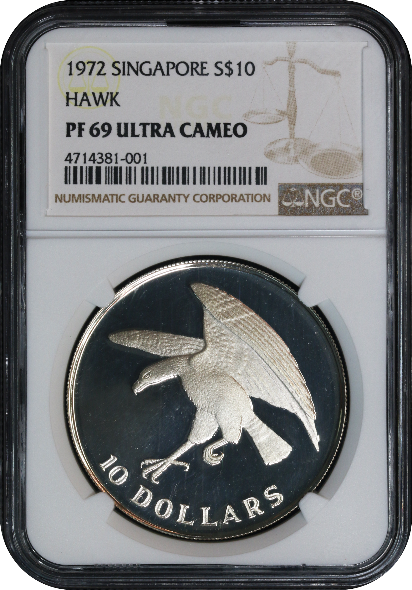 Singapore 1972 S$10 Hawk Key Year NGC PF 69 Ultra Cameo High Grade