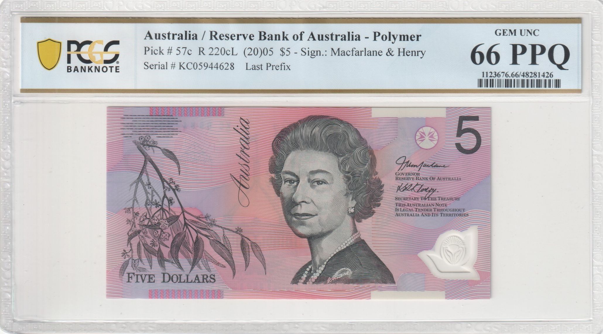 Macfarlane/Henry, Last Prefix, Five Dollar, 2005, PCGS Gem UNC 66 PPQ