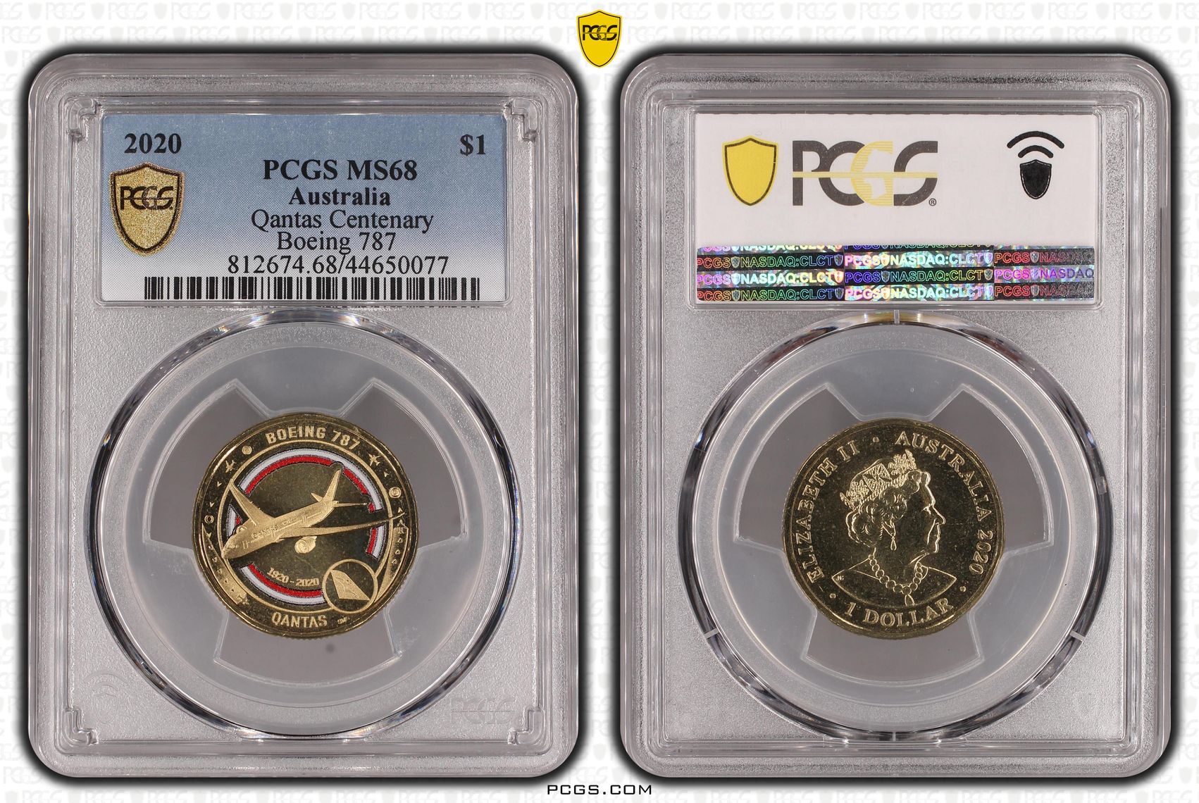 228 · 2020 Australia One Dollar, $1 Qantas Centenary Boeing 787 PCGS - MS68 -077