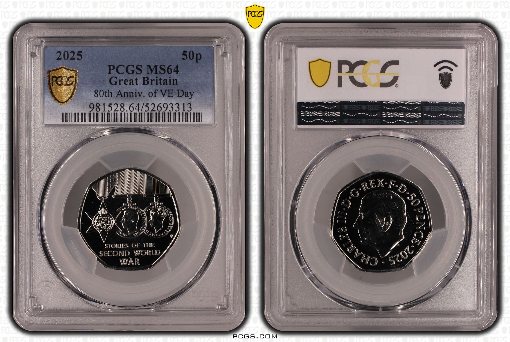 231 · Great Britain, 80th Anniv. of VE Day, POP 3/0, Fifty Pence, 2025, PCGS MS64