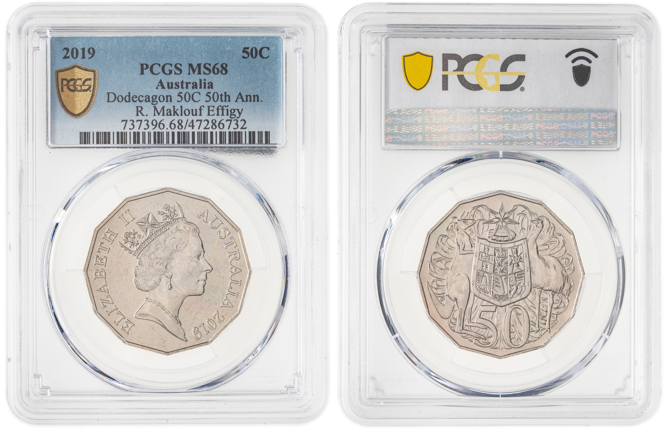 263 · Elizabeth II, Dodecagon 50C 50th Ann. R. Maklouf Effigy, Fifty Cent, 2019, PCGS MS68