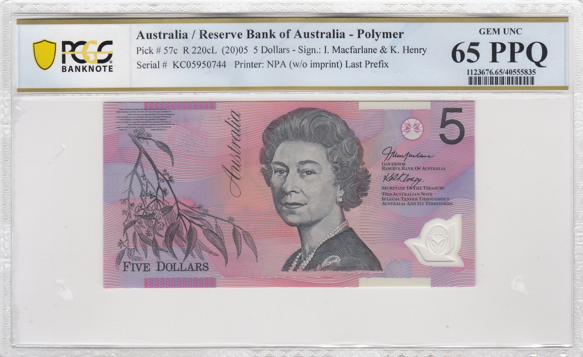 Macfarlane/Henry, Last Prefix, Five Dollar, 2005, PCGS Gem UNC 65 PPQ