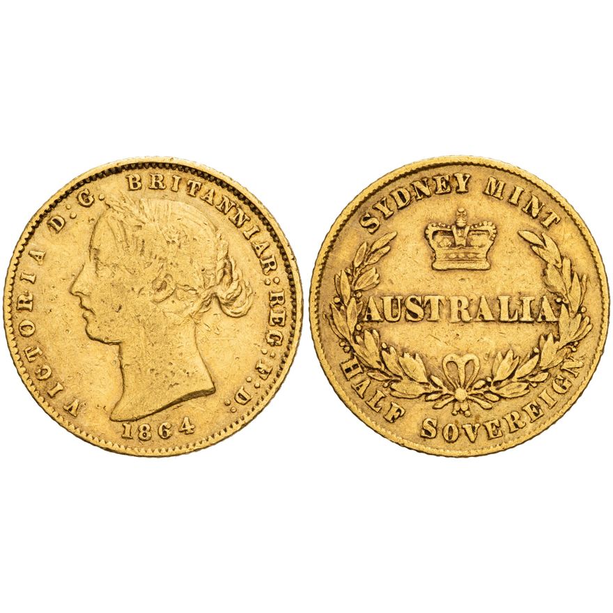 Victoria, Sydney Mint Reverse - Type II, Half Sovereign, 1864,  VG