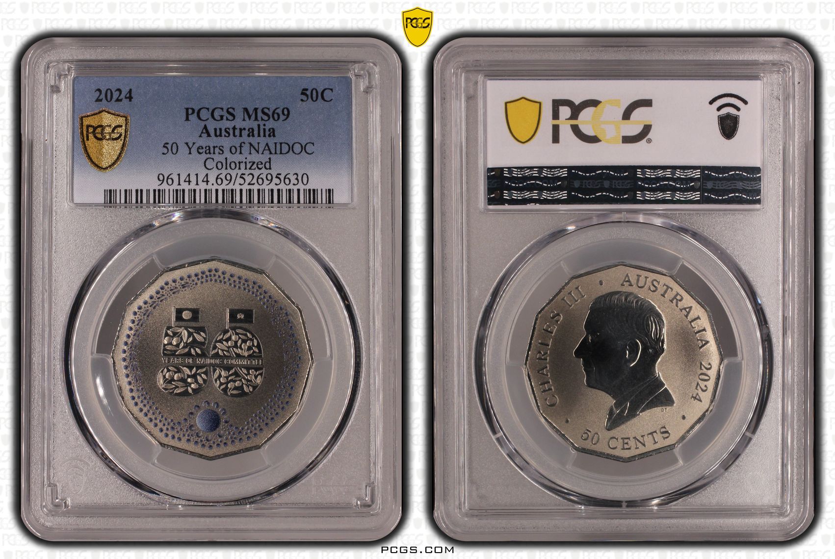 407 · 50 Years of NAIDOC Colourised, Fifty Cent, 2024, PCGS MS69