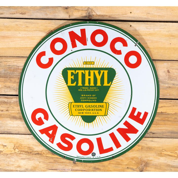 30" Conoco Gasoline w/ Ethyl Double Sided Porcelain Sign TAC 9 & 8.5
