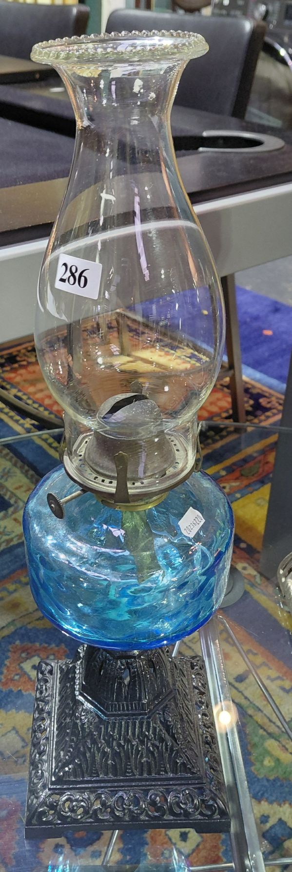 286 · COBALT BLUE GLASS OIL LAMP