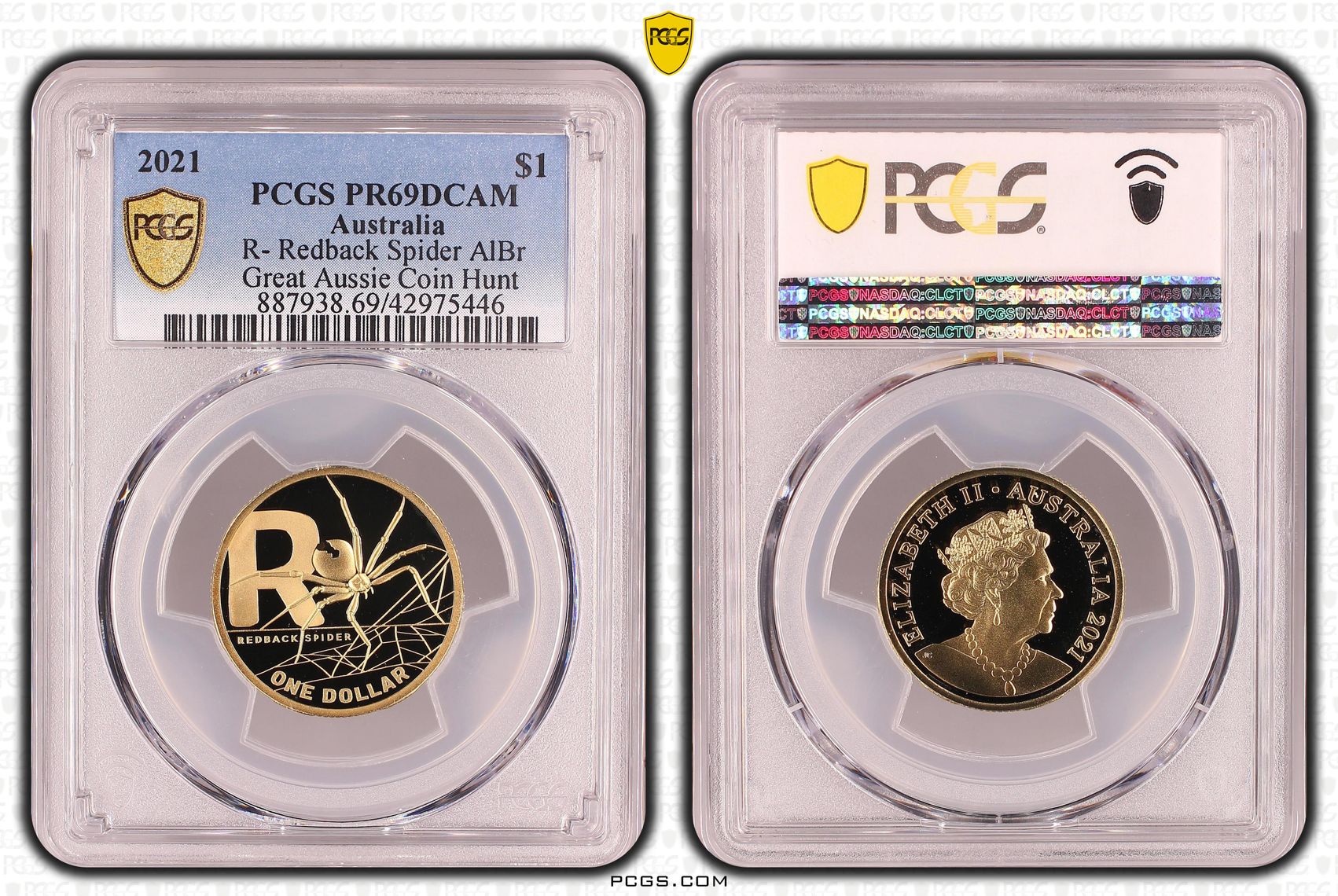 Elizabeth II, R- Redback Spider, Great Aussie Coin Hunt, One Dollar, PR69DCAM , 2021