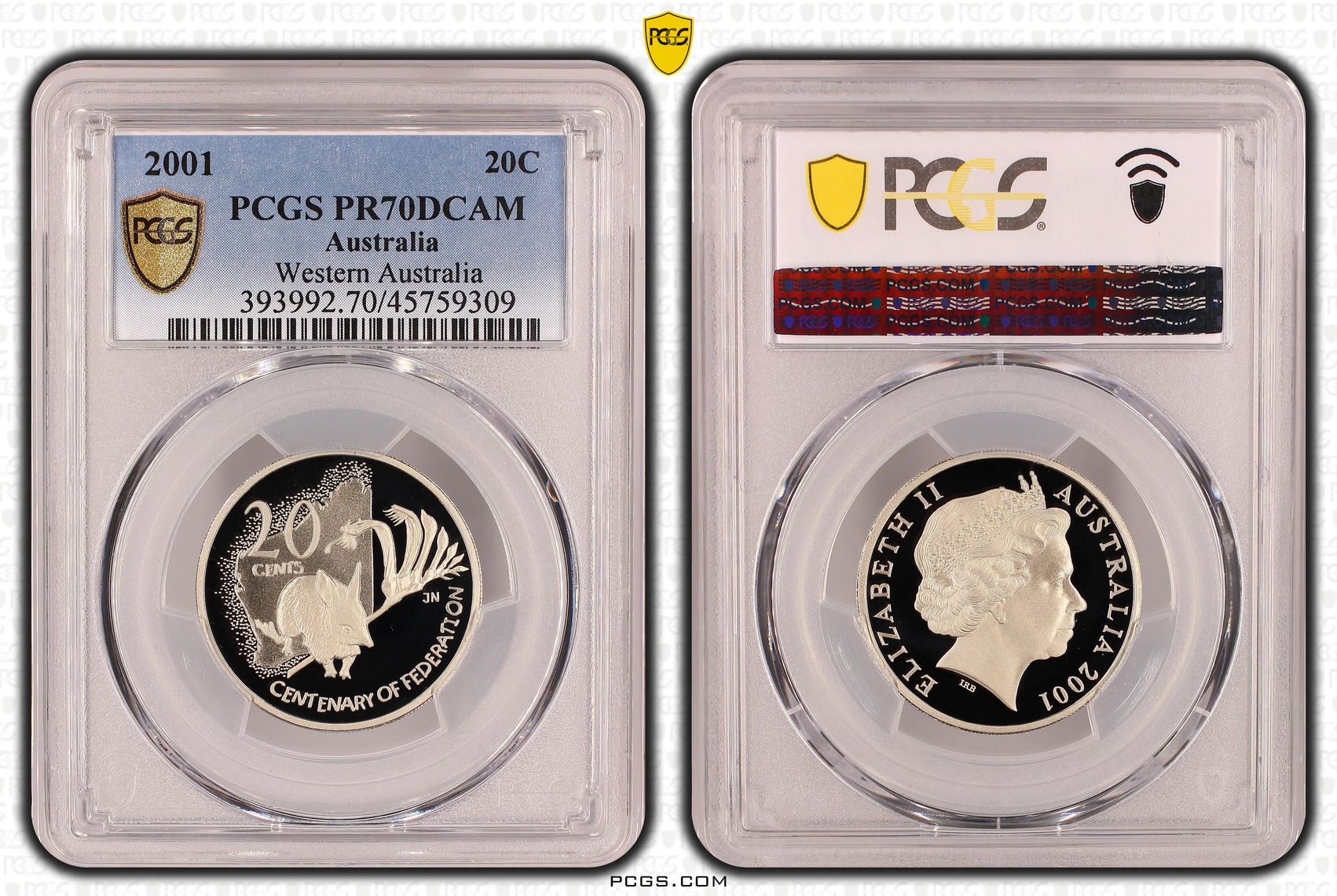 Western Australia, Top pop, Twenty Cent, 2001, PCGS PR70DCAM