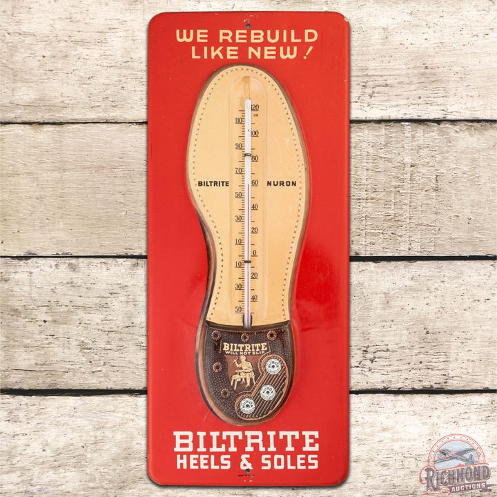 Biltrite Shoes "We Rebuild Like New!" Emb. Single Sided Tin Thermometer Sign