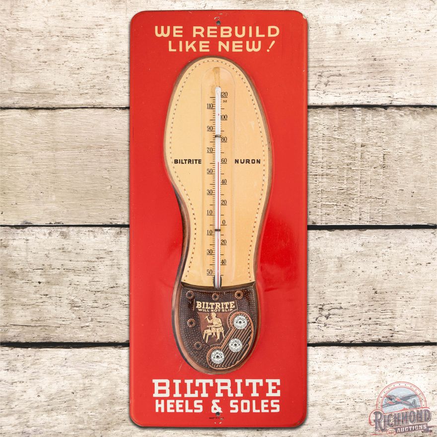 Biltrite Shoes "We Rebuild Like New!" Emb. Single Sided Tin Thermometer Sign
