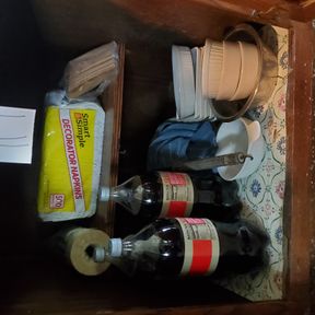 3 new bottles Coke, Misc cooking dishes, cabinet cleanup