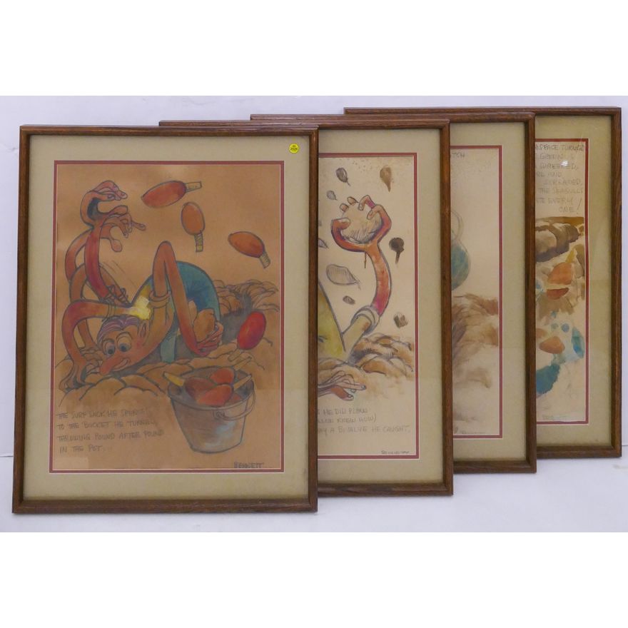 Set of 4pc Elton Bennett (1910-1974, WA) Original Caricature 'Razor Clam Digger' Watercolors Framed- 31x24.5'' each