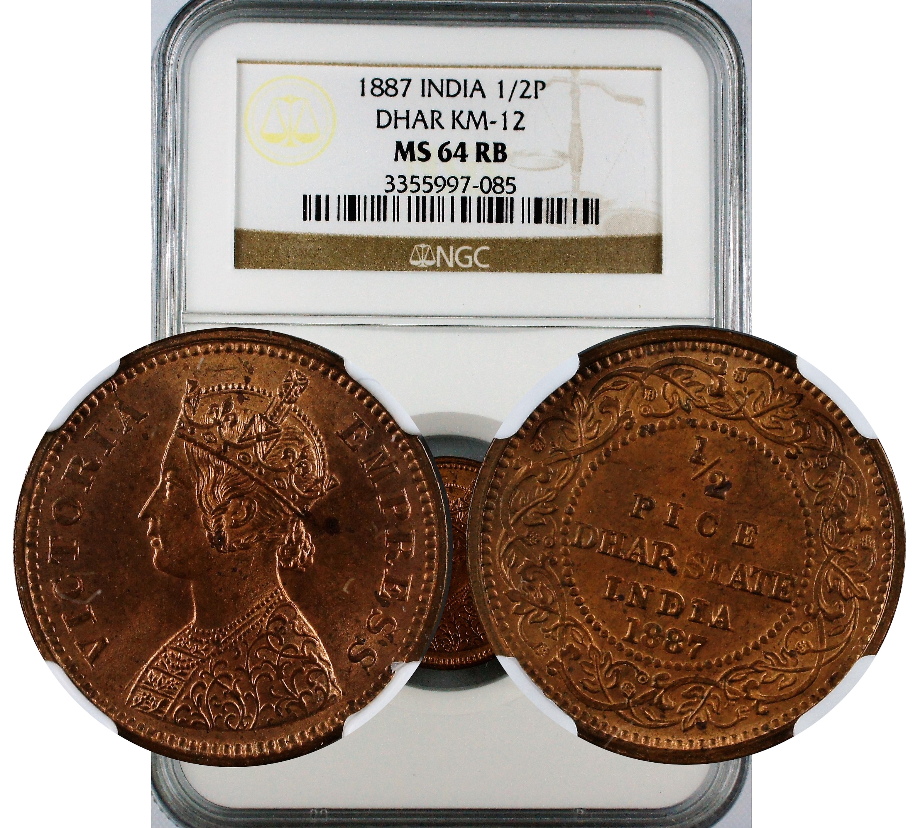 India 1887 Dhar State 1/2 Pice NGC MS64 RB