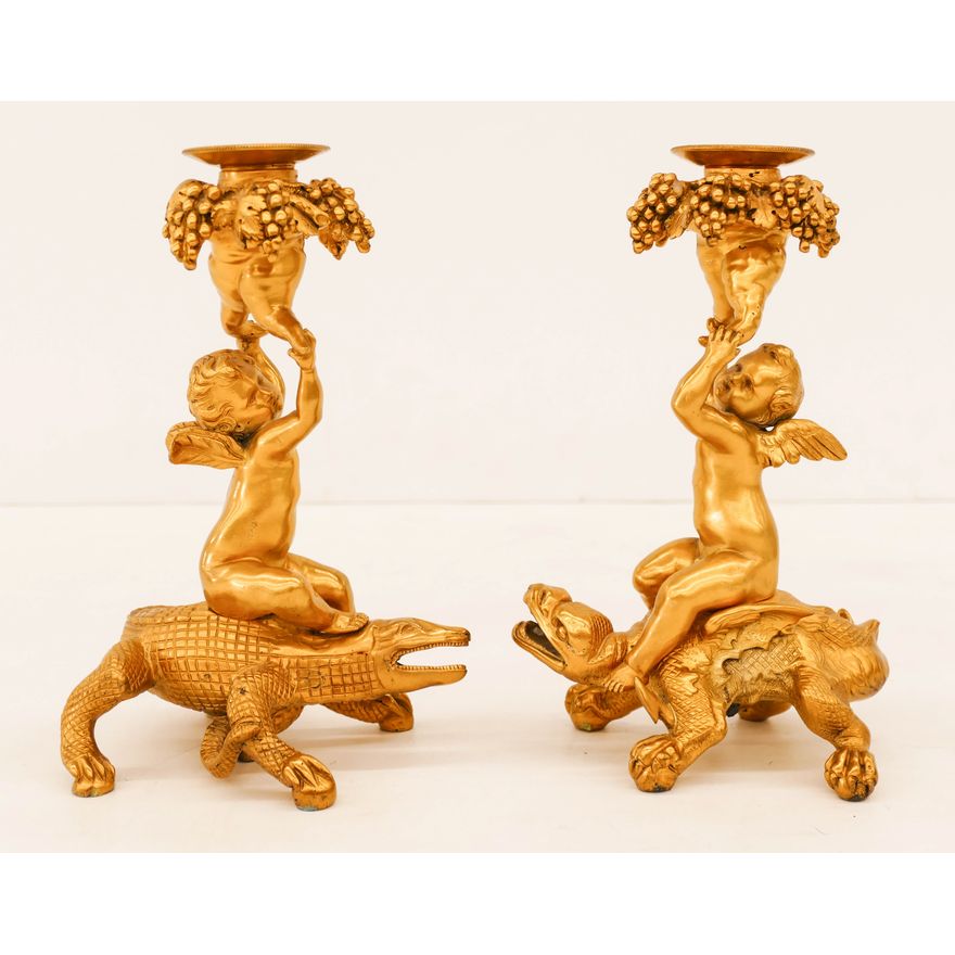 Pair French Gilt Bronze Putti with Alligator Candlesticks