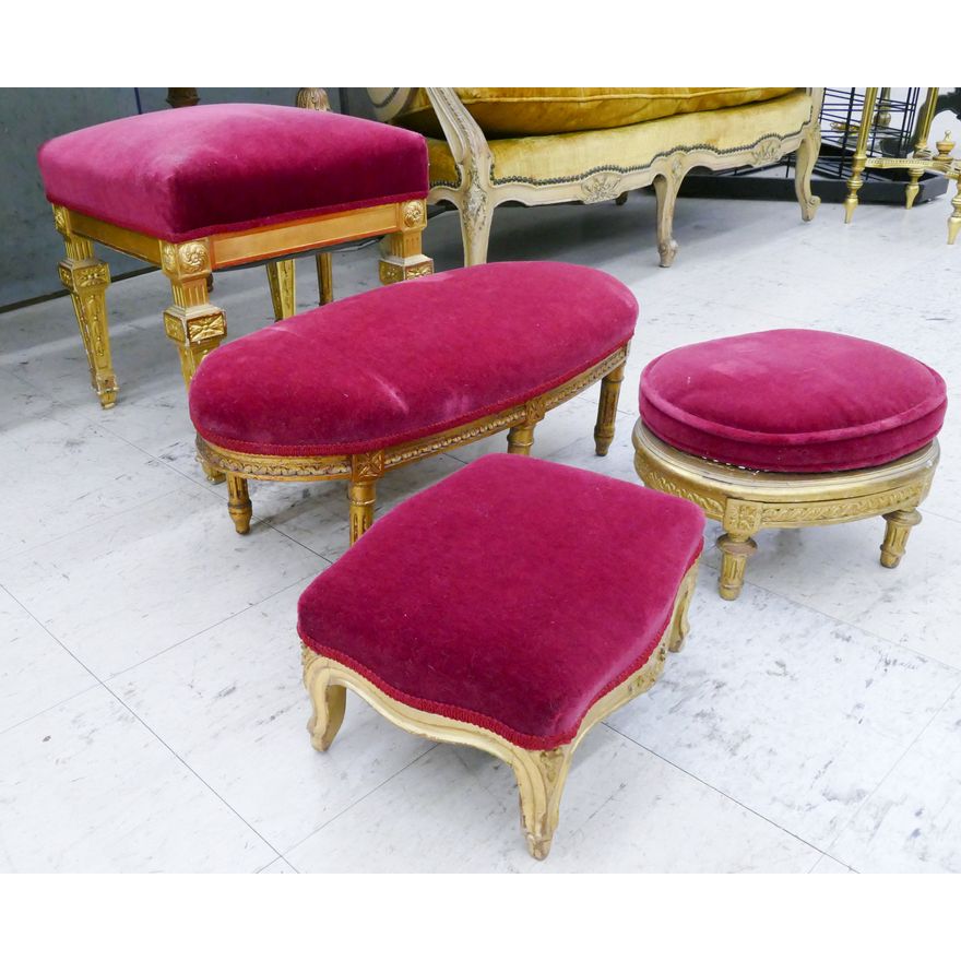 4pc French Gilt Carved Red Mohair Covered Small Stools- largest 17x17x16'', smallest 6x13x11''