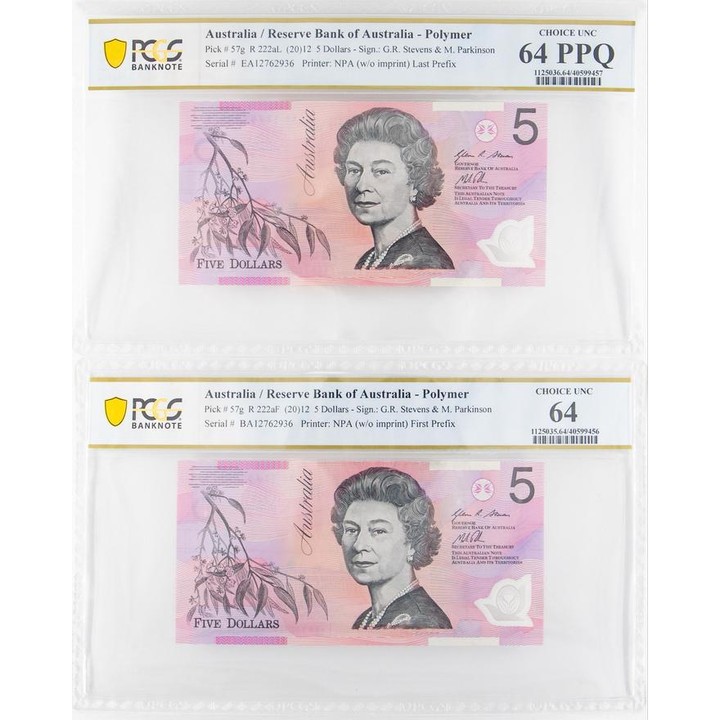 Stevens/Parkinson, Polymer, NPA (w/o imprint), First/Last Prefix Pair, Five Dollar, 2012, PCGS Choice UNC 64
