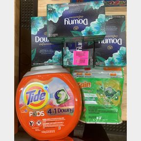 TIDE PODS, GAIN FLINGS AROMA BOOST, 4X DOWNY INFUSIONS 105 SHEETS