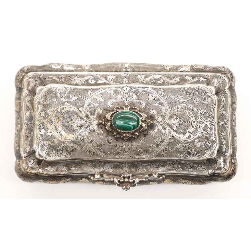 Ornate Italian 800 Silver Malachite Table Box
