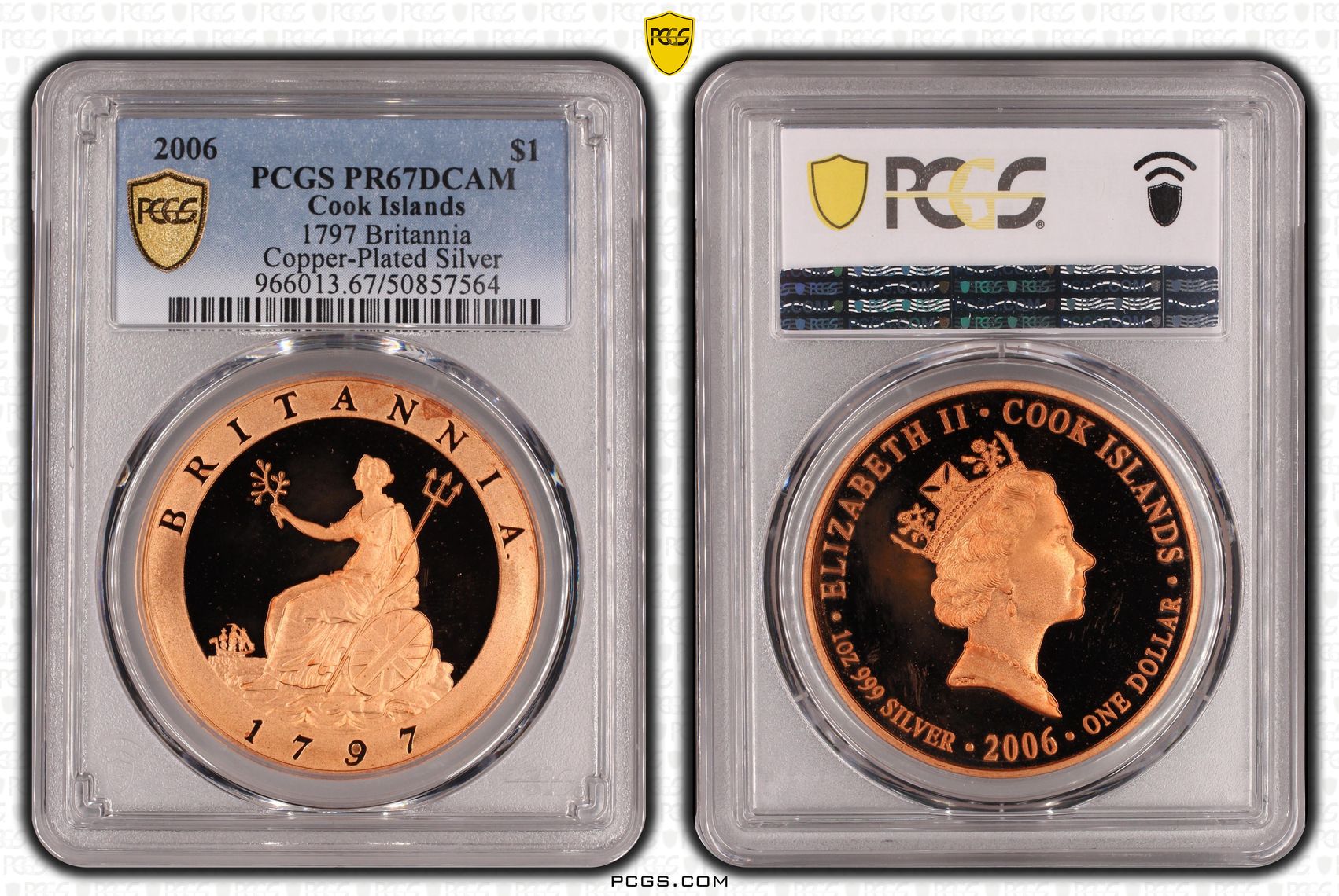 Cook Islands, 1797 Britannia - Copper-Plated Silver POP 1/0, One Dollar, 2006, PCGS PR67DCAM
