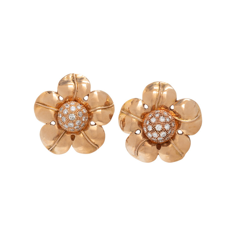VAN CLEEF & ARPELS, YELLOW GOLD AND DIAMOND FLOWER EARCLIPS