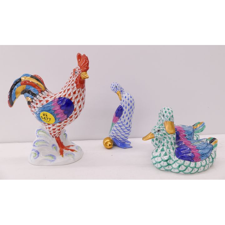 3pc Herend Porcelain Duck & Rooster Figures- tallest 5.5''