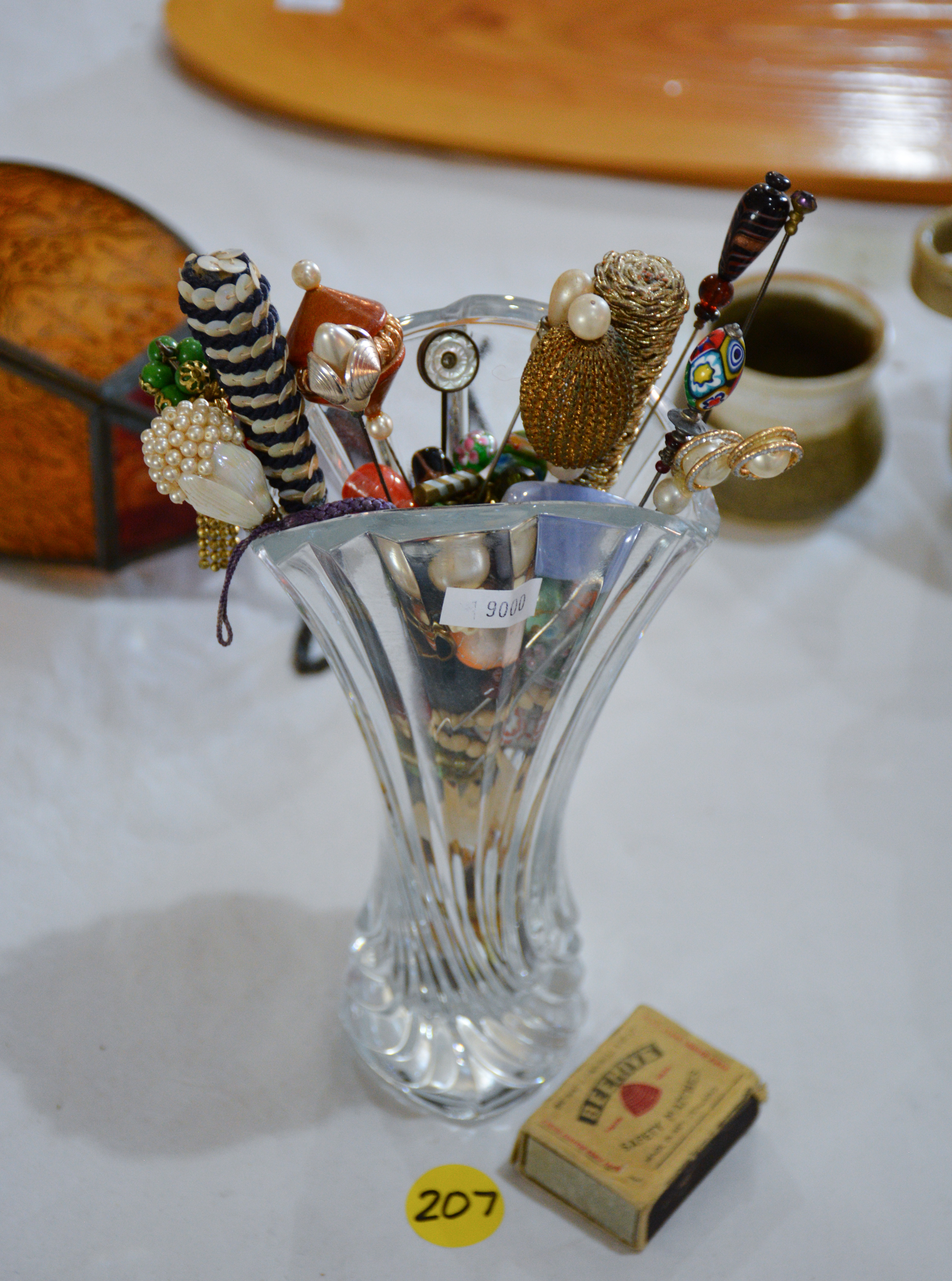 Vintage Pins, Beads etc in Glass Vase — sold at auction in New Zealand for $35