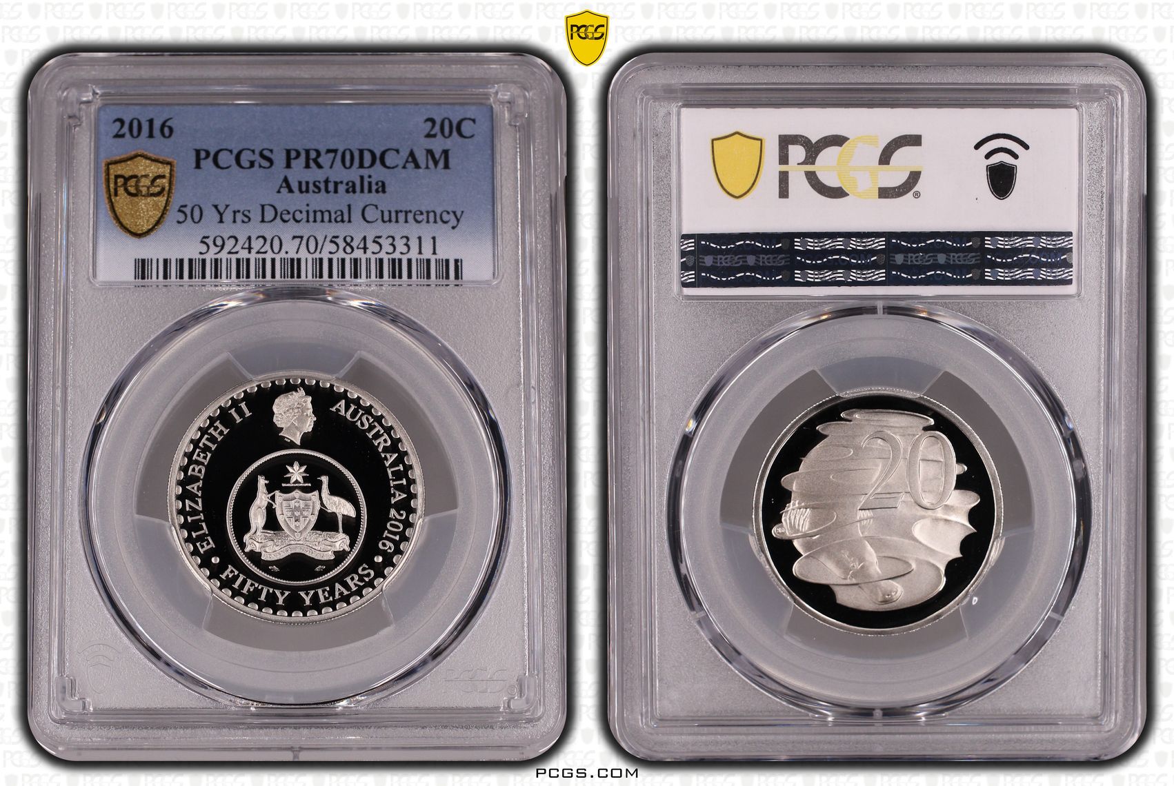 50 Yrs Decimal Currency, Twenty Cent, 2016, PCGS PR70DCAM