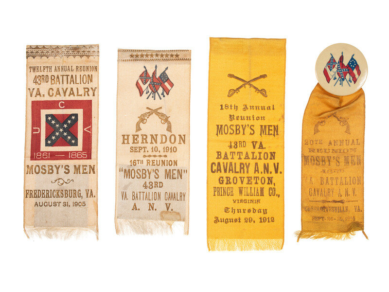 [MOSBY, JOHN S. (1833-1916)]. A group of 4 reunion ribbons for "Mosby's Men," with reunion notice. 