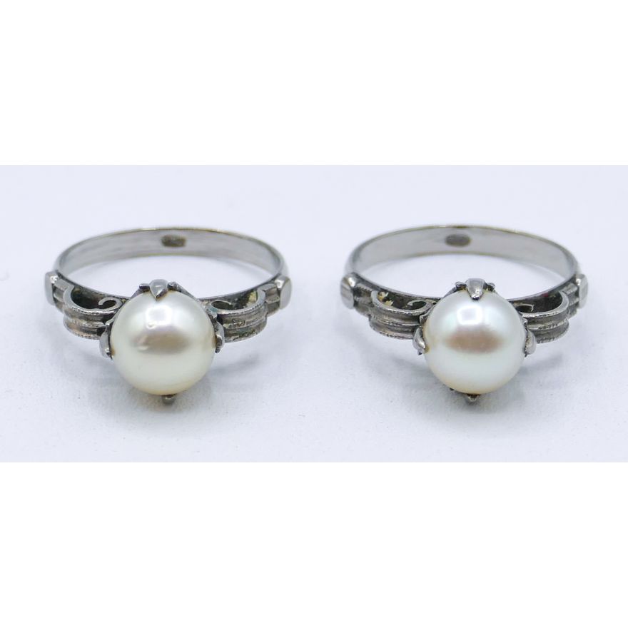 Pair Art Deco 8mm Pearl Silver Rings Size 6