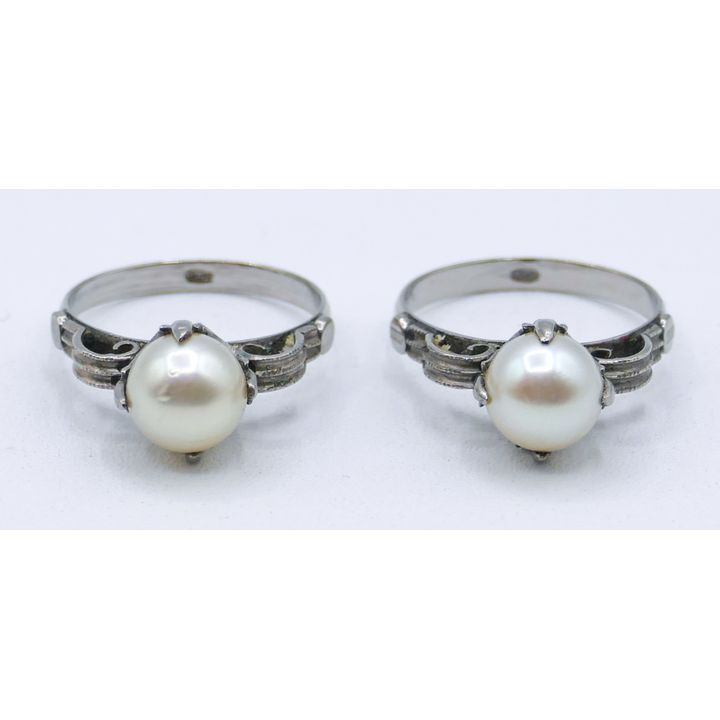 Pair Art Deco 8mm Pearl Silver Rings Size 6