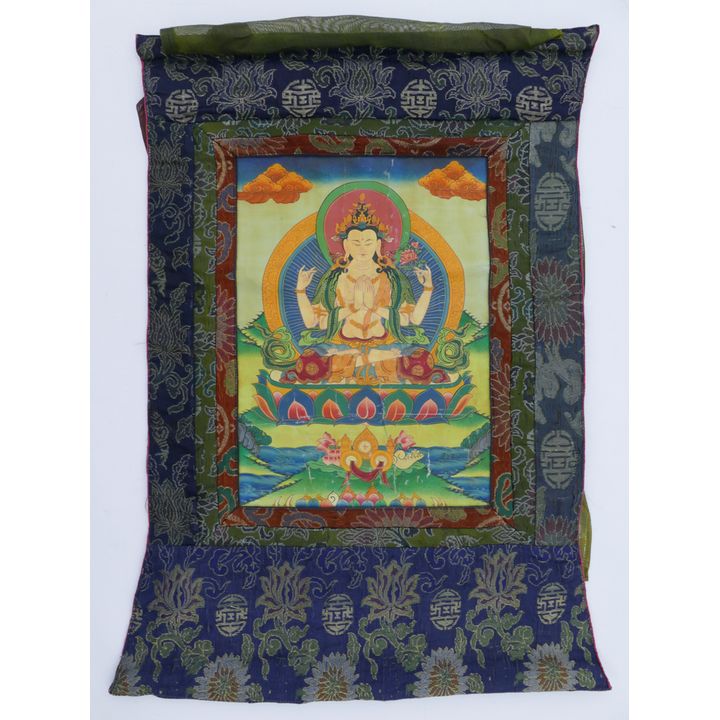 Tibetan Painted Avalokiteshvara Thangka Silk Mounted 29''x21''