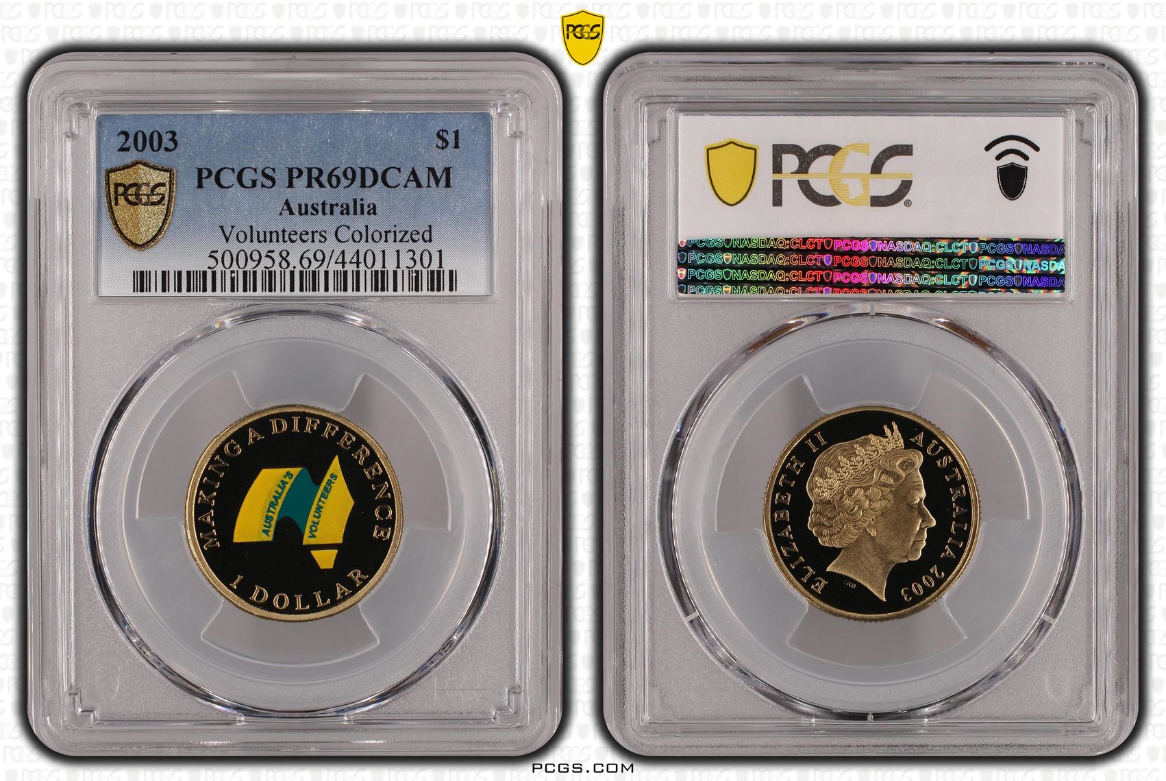 2003 Australia One Dollar, $1 Proof Volunteers Colorized PCGS - PR69DCAM -301