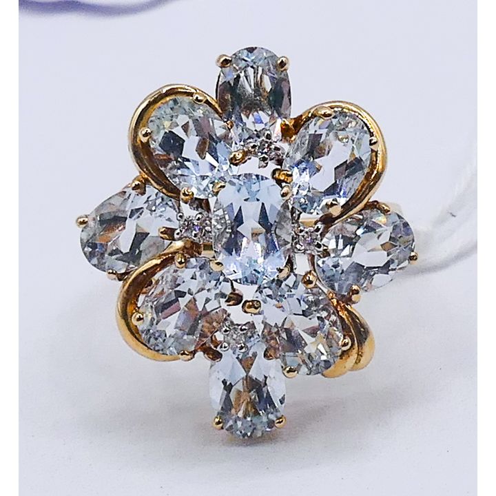 Ladies 14k Clear Topaz & Diamond Cluster Ring Size 8 - 5.7 Grams