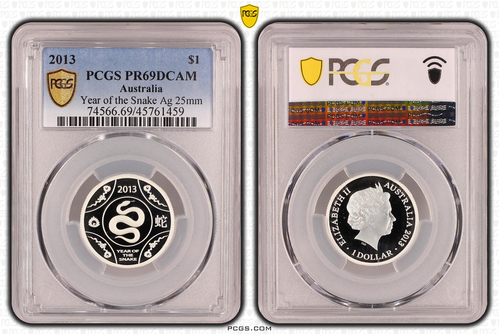 Elizabeth II, Snake Silver 25mm, One Dollar, 2013, PCGS PR 69DCAM