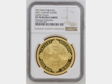 2021 THE GREAT ENGRAVERS 'GOTHIC QUARTERED ARMS' GOLD 2oz PROOF 200 POUND PF70 UCAM TOP POP! (THOMAS COLLECTION)