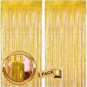 39.6"W X 98.4"L (PACK OF 2) 2 PACK LASER GOLD FOIL FRINGE BACKDROP CURTAINS, TINSEL STREAMERS BIRTHDAY PARTY DECORATIONS, FRINGE B